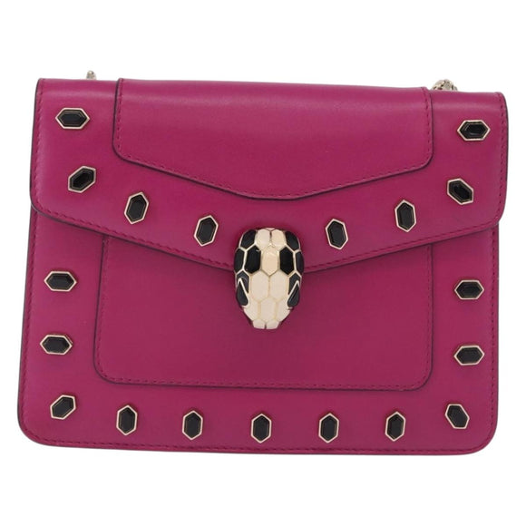 BVLGARI Chain Shoulder Bag Leather Pink Gold Auth ka5843A