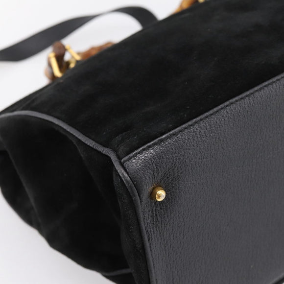 GUCCI Bamboo Hand Bag Suede 2way Black Gold 002 2855 0322 0 Auth ka5877