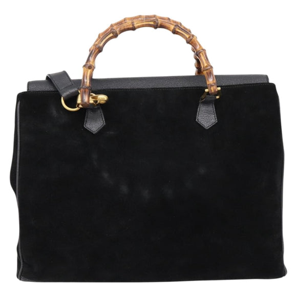 GUCCI Bamboo Hand Bag Suede 2way Black Gold 002 2855 0322 0 Auth ka5877