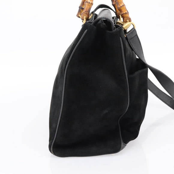 GUCCI Bamboo Hand Bag Suede 2way Black Gold 002 2855 0322 0 Auth ka5877