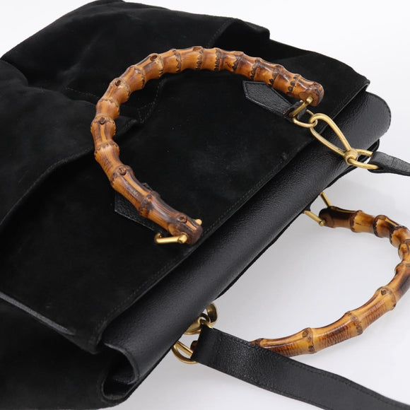 GUCCI Bamboo Hand Bag Suede 2way Black Gold 002 2855 0322 0 Auth ka5877
