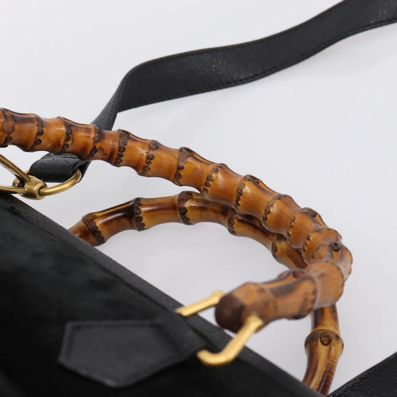 GUCCI Bamboo Hand Bag Suede 2way Black Gold 002 2855 0322 0 Auth ka5877