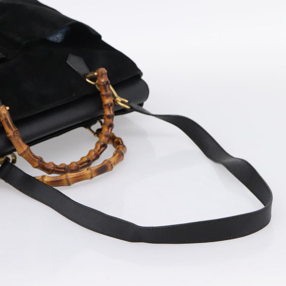 GUCCI Bamboo Hand Bag Suede 2way Black Gold 002 2855 0322 0 Auth ka5877