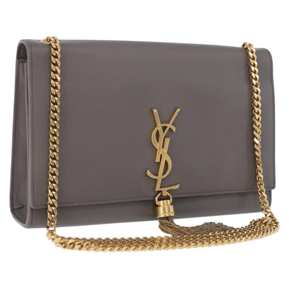 SAINT LAURENT Chain Kate Shoulder Bag Leather Gray Gold Auth ka5887M