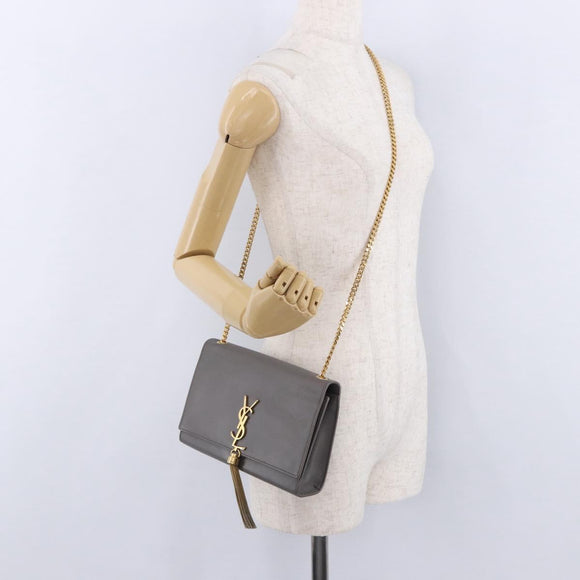 SAINT LAURENT Chain Kate Shoulder Bag Leather Gray Gold Auth ka5887M