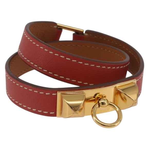 HERMES Rival Double Tour Bracelet Leather Red Gold Auth ka5905M