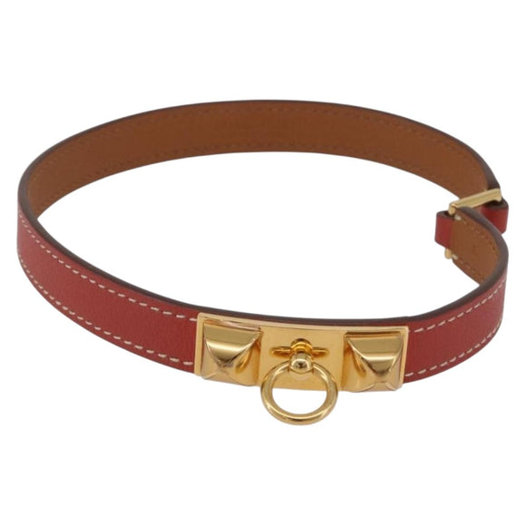HERMES Rival Double Tour Bracelet Leather Red Gold Auth ka5905M