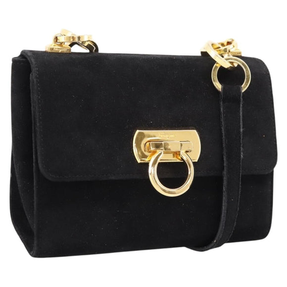 Salvatore Ferragamo Gancini Shoulder Bag Suede Black Gold Auth ka5909