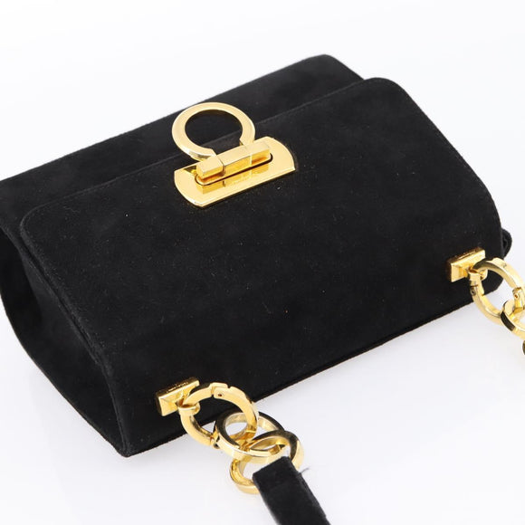 Salvatore Ferragamo Gancini Shoulder Bag Suede Black Gold Auth ka5909