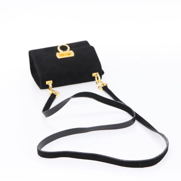 Salvatore Ferragamo Gancini Shoulder Bag Suede Black Gold Auth ka5909