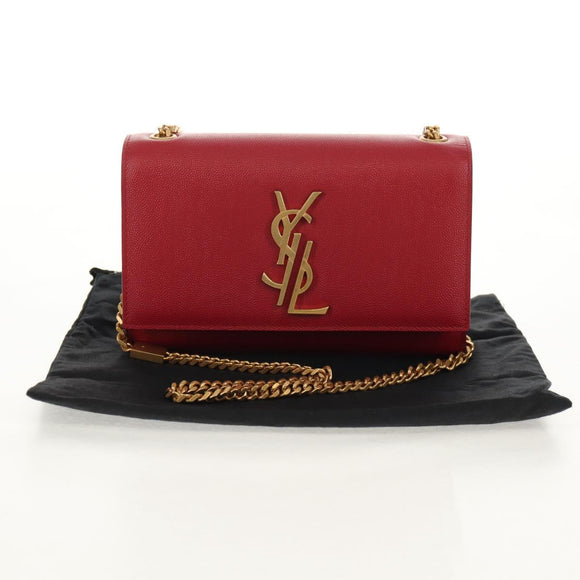 SAINT LAURENT Chain Shoulder Bag Leather Red Gold Auth ka590M