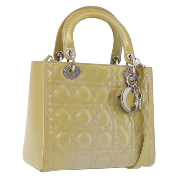 Christian Dior Canage Bag Patent leather 2way LIme Green Silver Auth ka5929A