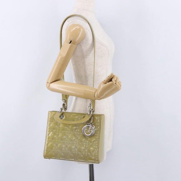 Christian Dior Canage Bag Patent leather 2way LIme Green Silver Auth ka5929A