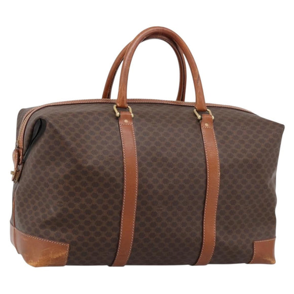 CELINE Macadam Canvas Boston Bag PVC Leather Brown Gold Auth ka5932