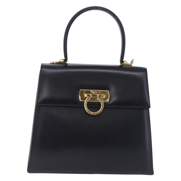 Salvatore Ferragamo Gancini Hand Bag Leather Navy Gold Auth ka5976