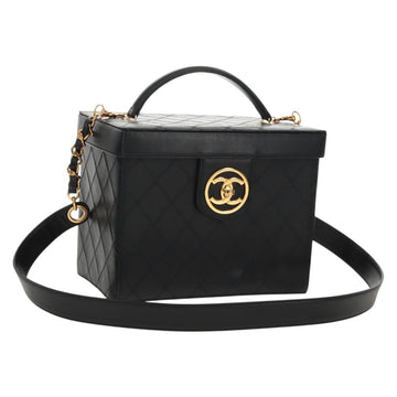 CHANEL Bicolore Vanity Hand Bag Lamb Skin Black Gold CC Auth ka597V