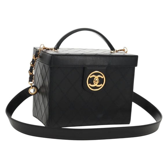 CHANEL Bicolore Vanity Hand Bag Lamb Skin Black Gold CC Auth ka597V