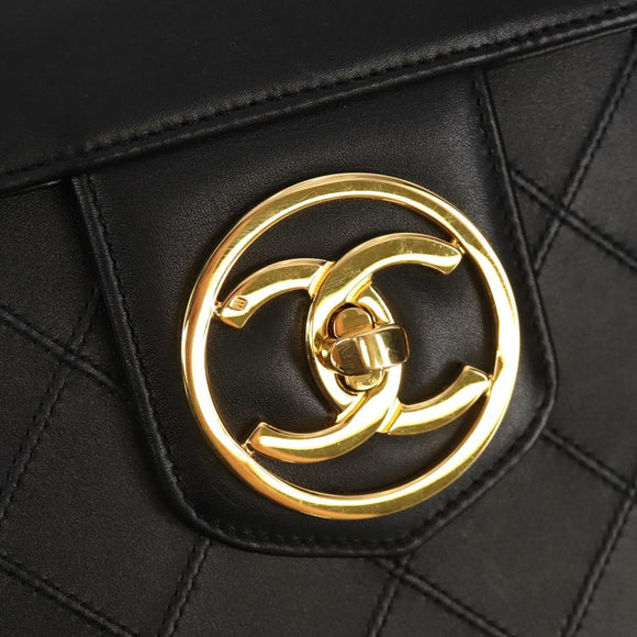 CHANEL Bicolore Vanity Hand Bag Lamb Skin Black Gold CC Auth ka597V