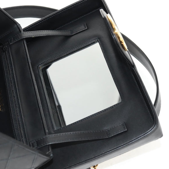 CHANEL Bicolore Vanity Hand Bag Lamb Skin Black Gold CC Auth ka597V
