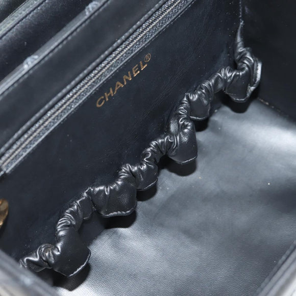 CHANEL Bicolore Vanity Hand Bag Lamb Skin Black Gold CC Auth ka597V