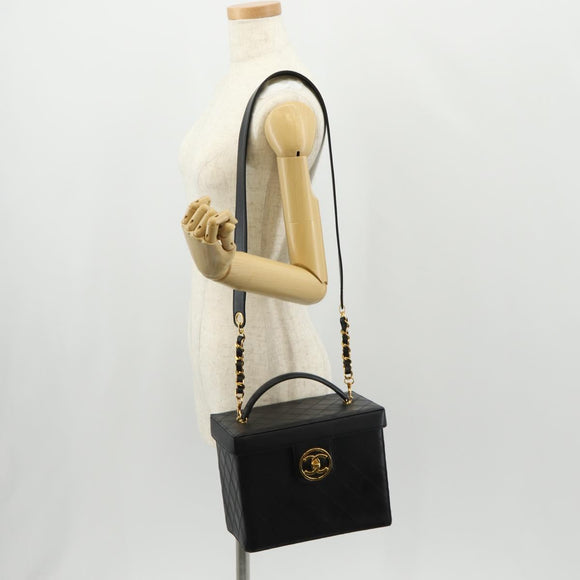 CHANEL Bicolore Vanity Hand Bag Lamb Skin Black Gold CC Auth ka597V