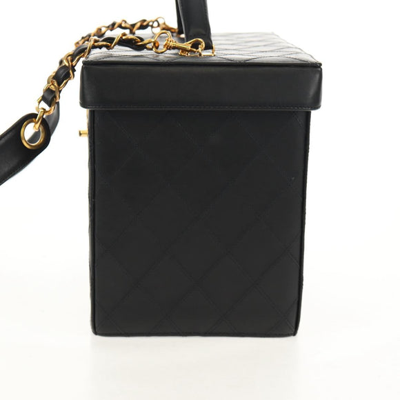 CHANEL Bicolore Vanity Hand Bag Lamb Skin Black Gold CC Auth ka597V