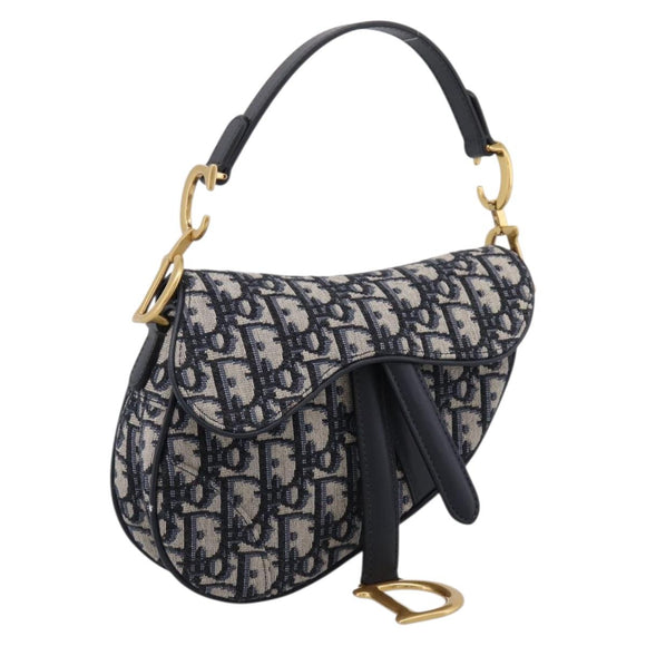 Christian Dior Trotter Canvas Saddle Hand Bag Navy Gold Auth ka5981SAM