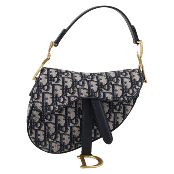 Christian Dior Trotter Canvas Saddle Hand Bag Navy Gold Auth ka5981SAM