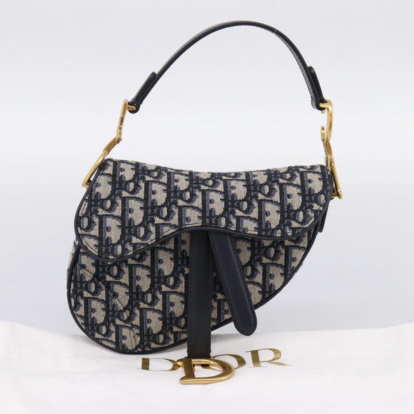 Christian Dior Trotter Canvas Saddle Hand Bag Navy Gold Auth ka5981SAM