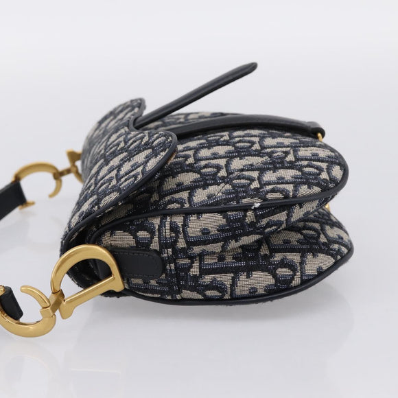 Christian Dior Trotter Canvas Saddle Hand Bag Navy Gold Auth ka5981SAM