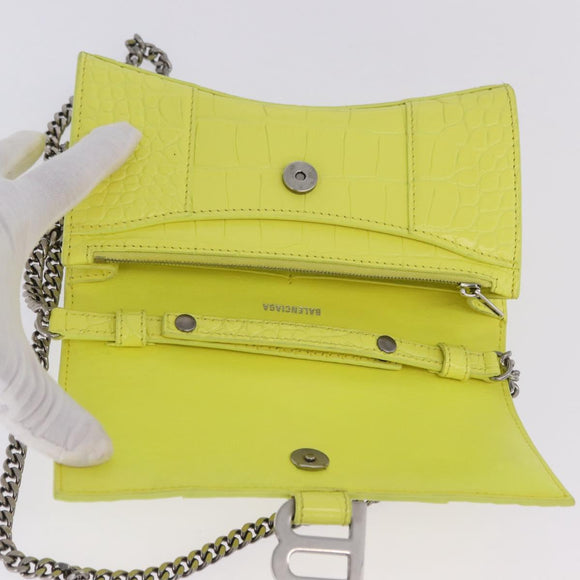 BALENCIAGA Chain Shoulder Bag Leather Croco Embossed Yellow Silver Auth ka5986M
