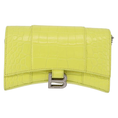 BALENCIAGA Chain Shoulder Bag Leather Croco Embossed Yellow Silver Auth ka5986M - 0