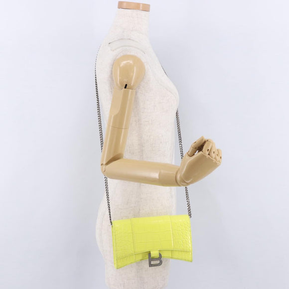 BALENCIAGA Chain Shoulder Bag Leather Croco Embossed Yellow Silver Auth ka5986M