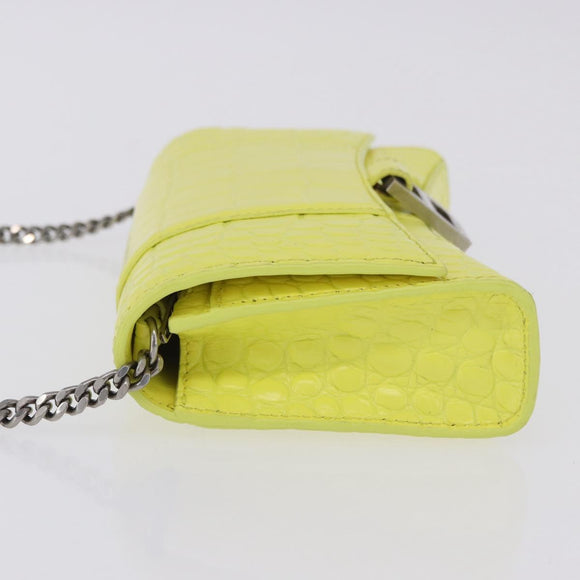 BALENCIAGA Chain Shoulder Bag Leather Croco Embossed Yellow Silver Auth ka5986M