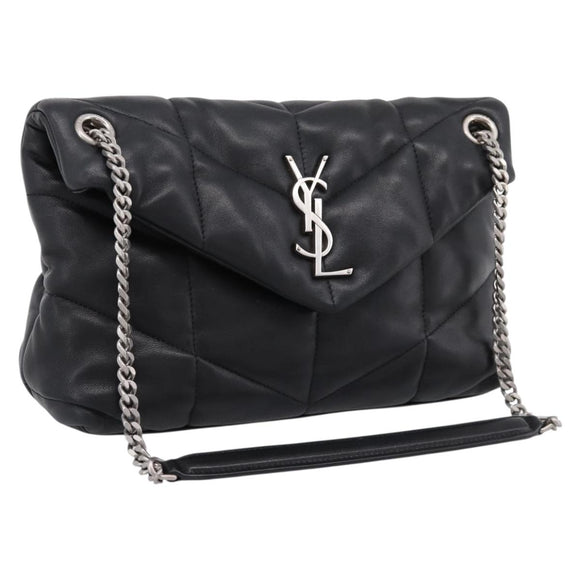 SAINT LAURENT Lulu Puffer Chain Shoulder Bag Leather Black Silver Auth ka5996SAM