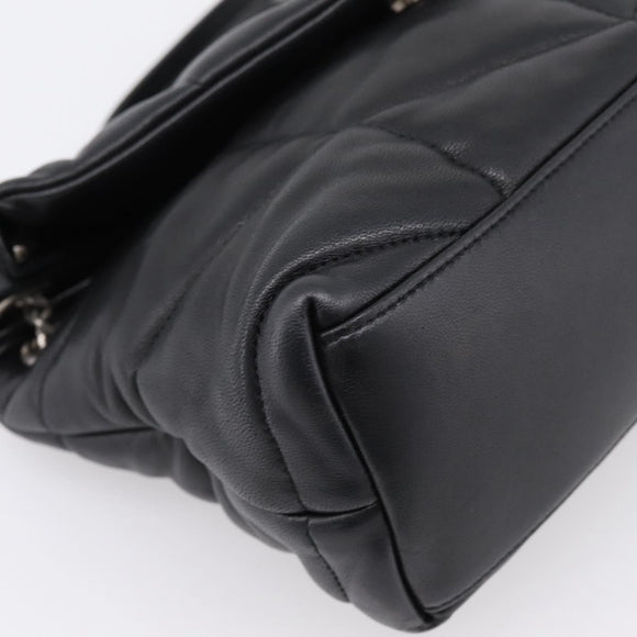 SAINT LAURENT Lulu Puffer Chain Shoulder Bag Leather Black Silver Auth ka5996SAM