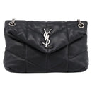 SAINT LAURENT Lulu Puffer Chain Shoulder Bag Leather Black Silver Auth ka5996SAM-13
