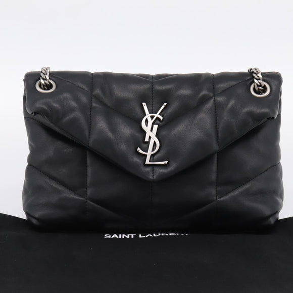 SAINT LAURENT Lulu Puffer Chain Shoulder Bag Leather Black Silver Auth ka5996SAM