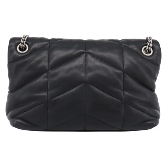 SAINT LAURENT Lulu Puffer Chain Shoulder Bag Leather Black Silver Auth ka5996SAM