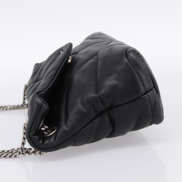SAINT LAURENT Lulu Puffer Chain Shoulder Bag Leather Black Silver Auth ka5996SAM