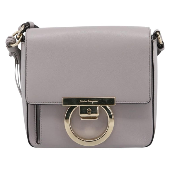 Salvatore Ferragamo Gancini Shoulder Bag Leather Gray Gold Auth ka6000V