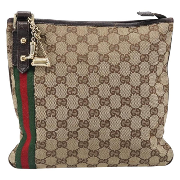 GUCCI GG Canvas Web Sherry Line Shoulder Bag Beige Gold 144388 Auth ka6002