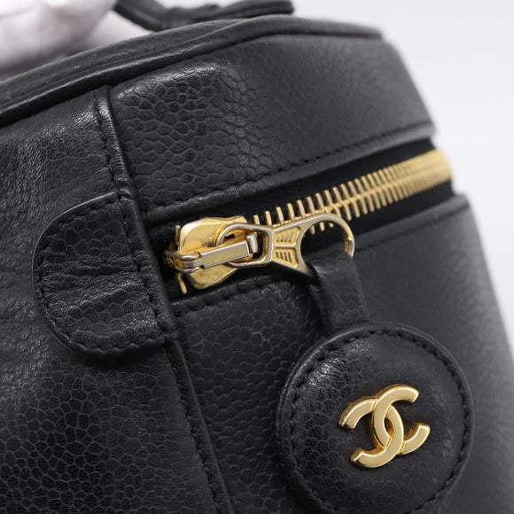 CHANEL COCO Mark Vanity Hand Bag Caviar Skin Black Gold CC Auth ka6003