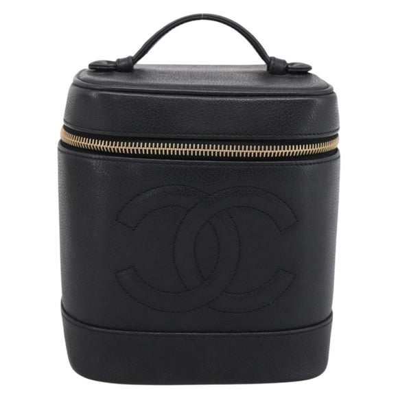 CHANEL COCO Mark Vanity Hand Bag Caviar Skin Black Gold CC Auth ka6003
