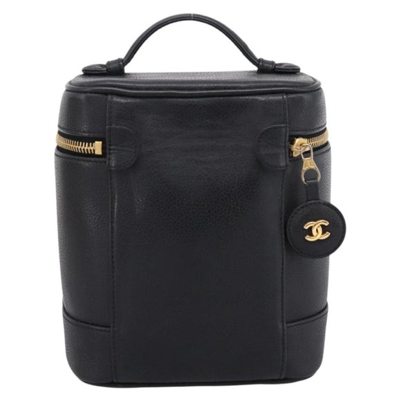 CHANEL COCO Mark Vanity Hand Bag Caviar Skin Black Gold CC Auth ka6003