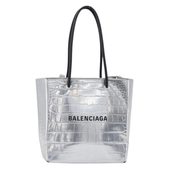 BALENCIAGA Croco Embossed Shopping XXS Leather 2way Silver 597858 Auth ka6015V