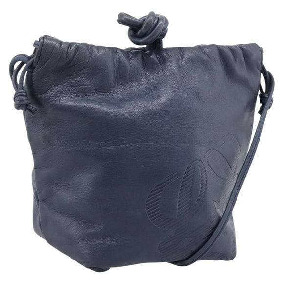 LOEWE Anagram Shoulder Bag Leather Navy Gold Auth ka6044A