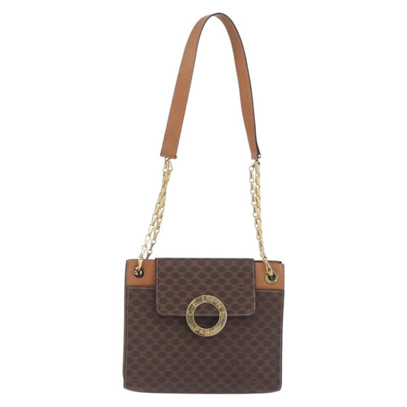 CELINE Macadam Chain Shoulder Bag PVC Leather Brown Gold Auth ka6066