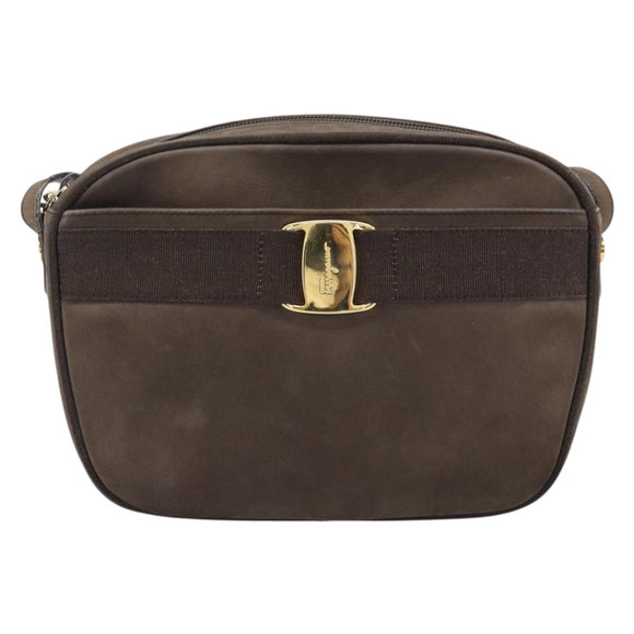 Salvatore Ferragamo Vala Shoulder Bag Suede Brown Gold Tone Auth ka6067