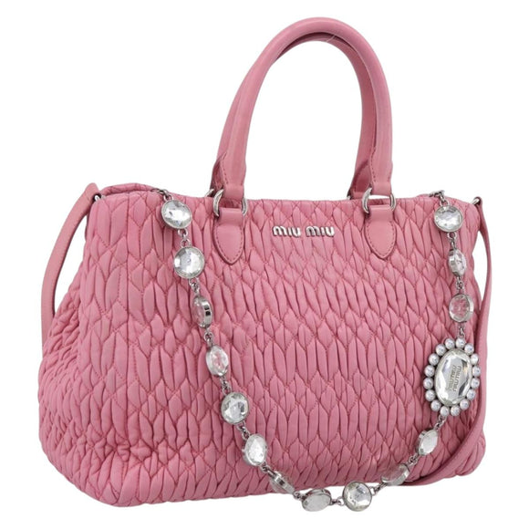 Miu Miu Matelasse Hand Bag Leather Pink Silver Auth ka6078A